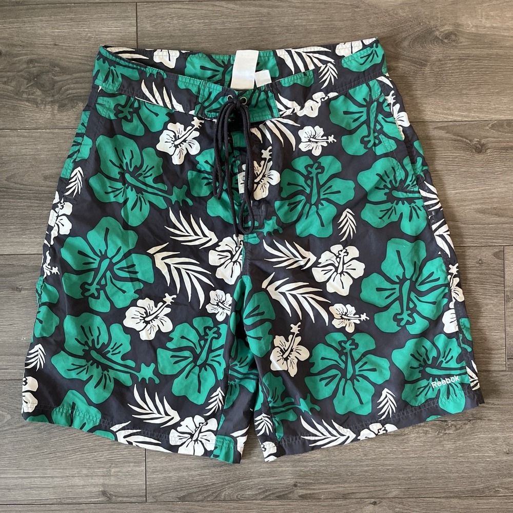 Reebok Mens XL Boardshorts Black Green White Floral Print